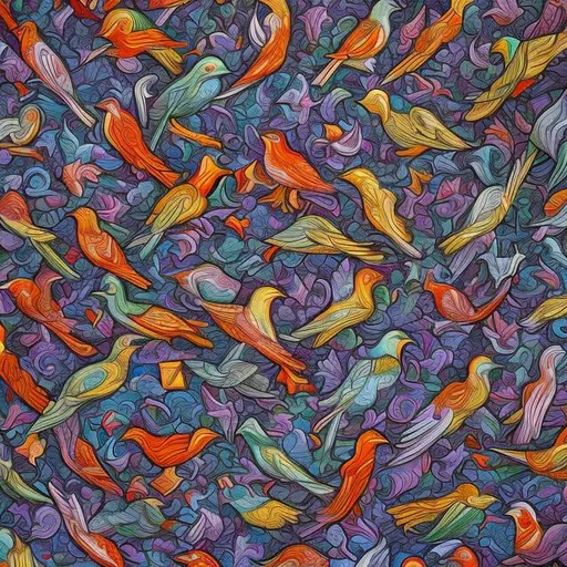 Prompt: tessellated birds, chaos and order, dialogue, colorful, christian iconography