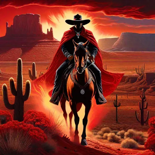 Prompt: "Cyber Cowboy with 4 Arms, fiery red Poncho, Dressed in black duster and Stetson Cowboy Hat, with Red eyes, Haunting Presence, Intricately Detailed, Hyperdetailed, Desert Wild West Landscape, Dusty Midnight Lighting, Wild West Feel,