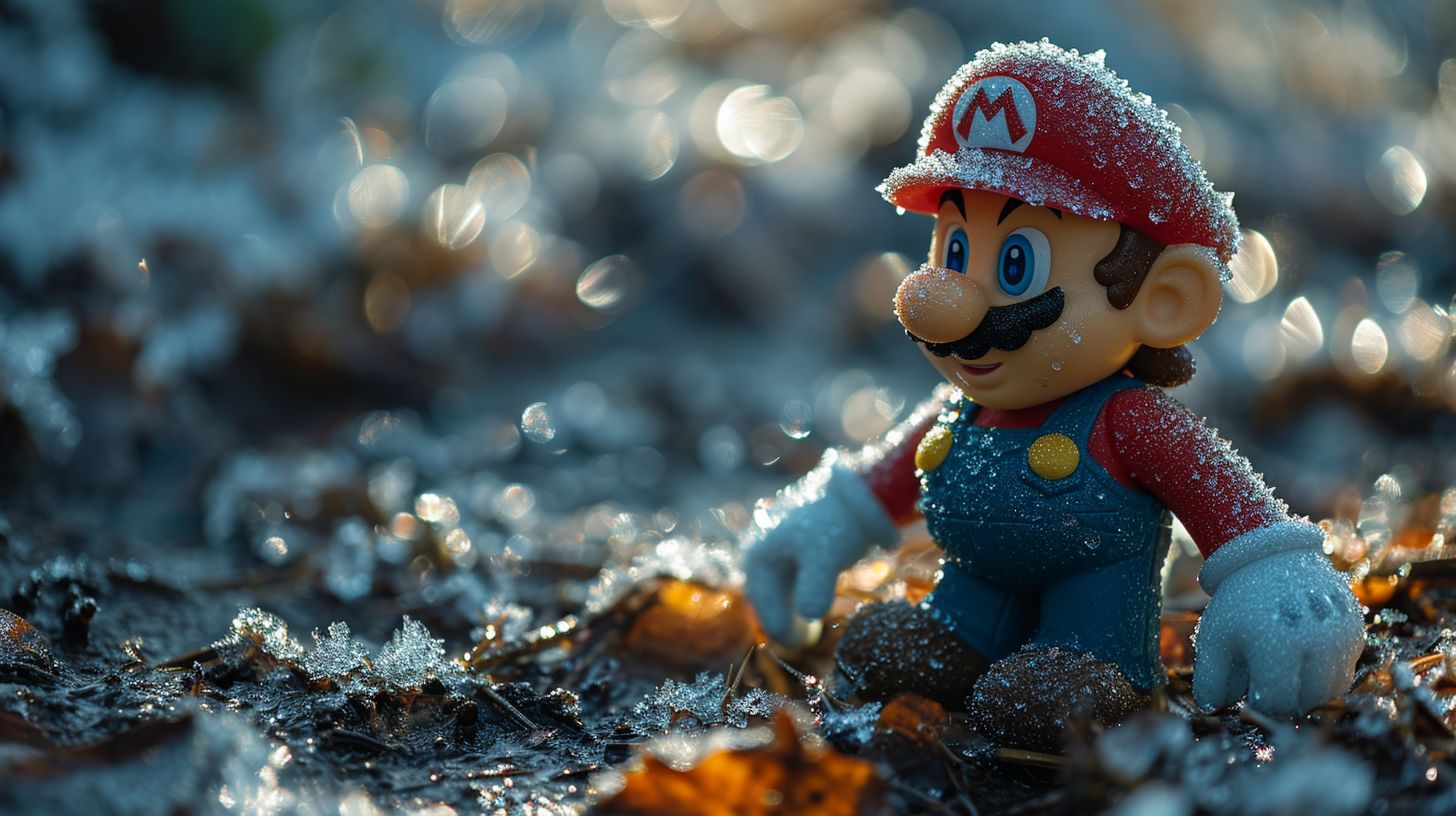 Prompt: blue frosted mario in the northpole