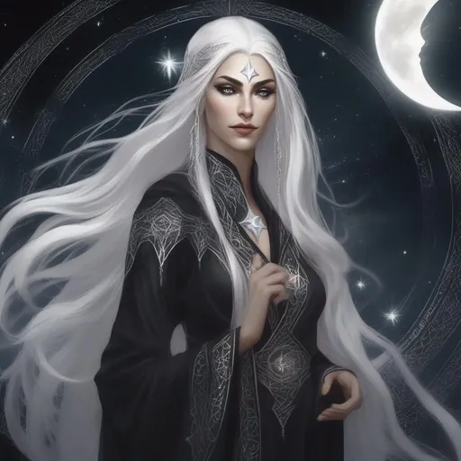 Prompt: dnd a elven woman with long flowing silver hair and glowing white eyes wearing black robes with star patterns moon goddess