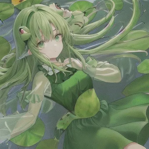 Prompt: Frog girl in a pond with lily pads green skit and green shirt with flowy sleeves