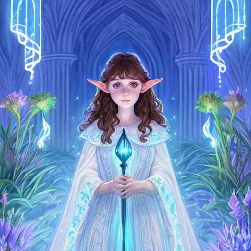 Prompt: Panned out. 
Very detailed realism painting.
very short fantasy healer gnome female. 
Beautiful determined face, short-pointy ears
Beautiful brown eyes, brown hair. flowing long intricate embroidered white and light blue robe and cape
Full body illustration
Holding a single white glowing Staff 
detailed  
The background is a building and 
 a plants.
Glowing