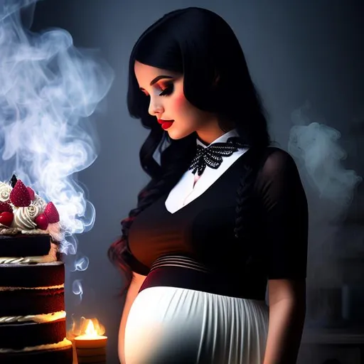 Prompt: imagine pregnant girl, Wednesday Adams in labor process, cake, sharpness, smoke, mystery, gothic, full-body, , epic, hyperrealism, 3D detailed, incrustation, contrast forms and lines, contrast space and light, dof, photorealism, polymorphism, sheer, dark silk, crisp quality, macro
