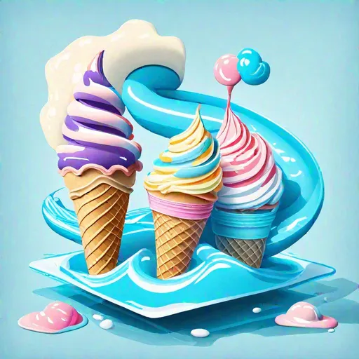 Prompt: 3 swirly ice-cream cones in a pool on a floating - Illustration