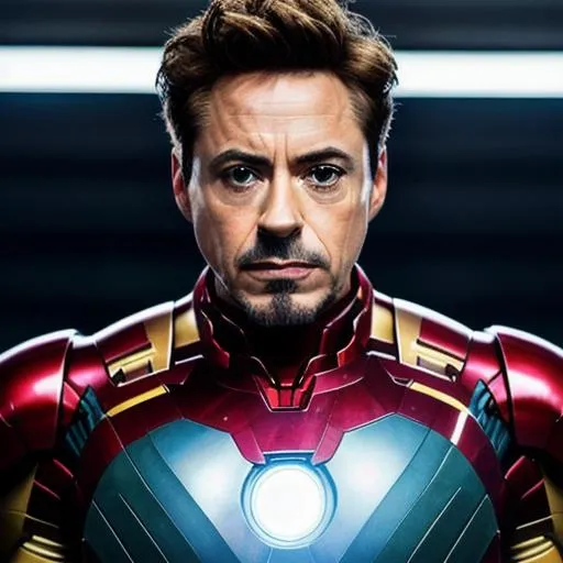 Prompt: Prompt:
"Generate a realistic photo of Robert Downey Jr. as Iron Man as if it was taken on a Nikon D6 camera.

Description:
Robert Downey Jr. is a celebrated actor known for his iconic portrayal of Iron Man in the Marvel Cinematic Universe. Please create an image that captures him in the Iron Man suit, striking a heroic pose. The photo should look like it was taken in a high-tech lab or a scene reminiscent of the Iron Man movies.

Camera Settings (Nikon D6):
- Camera Model: Nikon D6
- Lens: Use a wide-angle lens to capture the entire Iron Man suit and emphasize the futuristic environment.
- Aperture: Choose a moderate aperture setting (e.g., f/5.6 or f/8) to ensure the Iron Man suit and background are in focus.
- ISO: Use a moderate ISO setting (e.g., ISO 400) to balance image brightness and reduce noise.
- Shutter Speed: Set the shutter speed accordingly to the lighting conditions, but keep it fast enough to freeze any action.

Pose and Expression:
Robert Downey Jr. should be portrayed in a powerful and heroic pose, capturing the essence of Iron Man's iconic stance. He should appear confident and ready for action, with his faceplate up to reveal his face.

Iron Man Suit and Details:
The Iron Man suit should be intricately detailed, with accurate representation of the arc reactor on his chest and other components. Please include glowing elements on the suit to add to its high-tech appearance.

Background and Lighting:
Create a dynamic and futuristic environment for the photo, reminiscent of the high-tech world from the Iron Man movies. Use dramatic lighting to enhance the overall heroic feel, with light sources reflecting off the suit's metallic surfaces.

Feel free to add any creative touches to make the image look authentic and visually striking. The final result should be a high-quality, action-packed photo that resembles a professional portrayal of Robert Downey Jr. as Iron Man, as if taken on a Nikon D6 camera."

