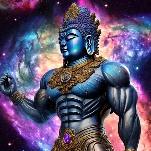 Prompt: alexandrite armored bodybuilding buddha, widescreen, infinity vanishing point, spiral galaxy nebula background