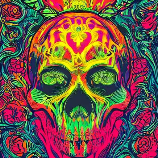 Prompt: Hypnotic illustration of a SKULL ON FIRE, hypnotic psychedelic art by Dan Mumford, pop surrealism, dark glow neon paint, mystical, Behance