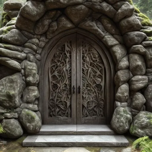 Prompt: huge stone door in the forest with a diamond shaped indent. elvish style