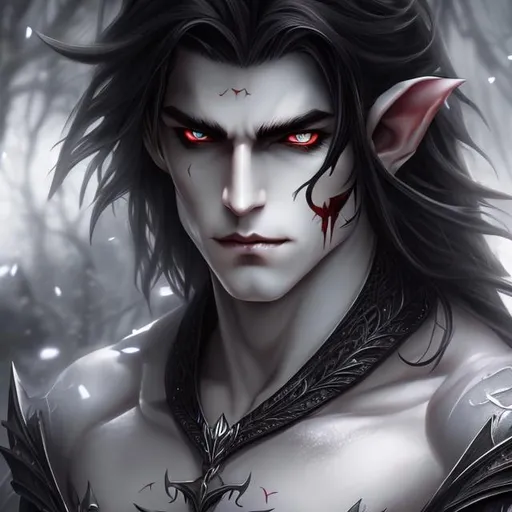 Prompt: Fantasy art style, Handsome vampire, red eyes, long black hair, pale skin, evil, muscular, shirtless, scars, claws, fangs, giant, tall, scar, wound, cruel, mean, ethereal, elf elvish, detailed, detailed face, hyper detailed, handsome 