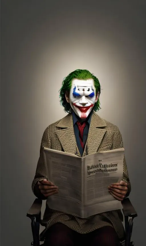 Prompt: joker is reading new york times, wide lens color portrait, professional photography by Martin Schoeller, by Mark Mann, by Steve McCurry, studio lighting, canon lens, shot on dslr, 64 megapixels, sharp focus