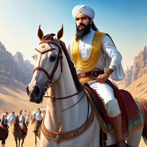Prompt: Mislim Young mughal king sitting on horse going for hajj, white ahram, braided dark brown hair, Beard,brown eyes, smooth forehead, symmetrical, highly detailed body, perfect composition, hyperrealistic, super detailed, 8k, high quality, Splash art, front, epic Instagram, artstation, hyperdetailed intricately detailed, unreal engine, intricate detail, complementary colors, 8k, heavy strokes, full height, full body,