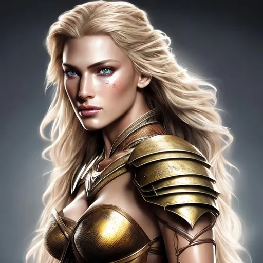 Prompt: HD 4k 3D 8k professional modeling photo hyper realistic beautiful fierce warrior woman ethereal greek goddess of onslaught
blonde hair brown eyes gorgeous face tan tattooed scarred skin shimmering armor crossbow full body surrounded by magical glow hd landscape background illiad action battlefield