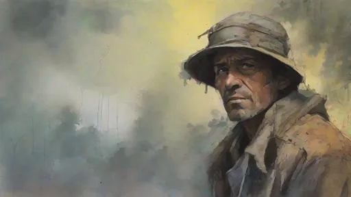 Prompt: a painting of a half-body portrait of man on a rural trial in the fores, raining, by anato finnstark. front view, simple watercolor, thomas kinkade, post-apocalyptic, stained, saturated watercolor, high composition, by tithi luadthong, 240p, {disney construction}, art by frank frazetta