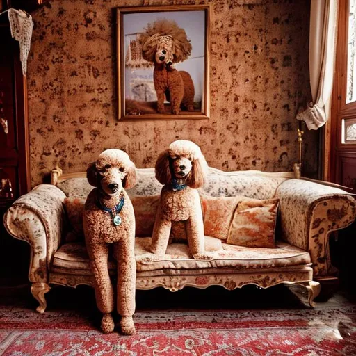 Prompt: A poodle sitting on a sofa in a traditional Istanbul house from 80s