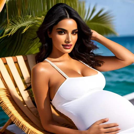 Prompt: photoshoot of an attractive latina woman, aged 25, black hair, perfect symmetrical face, beautiful, pretty, hot, perfect body, fit, wearing a white sundress, sitting on a deck chair, realistic, ultra hd, 8k, photorealistic, cleavage, heavily pregnant, nine months pregnant