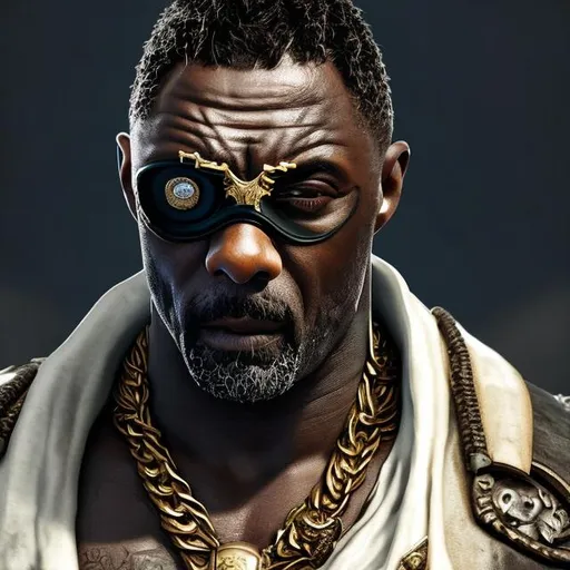 Prompt: idris elba, detailed eye patch, detailed face, muscular, white toga, gold jewelery, gothic
