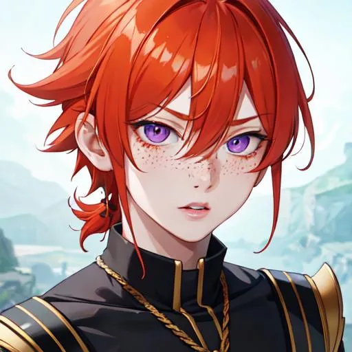 Prompt: Erikku male adult (short ginger hair, freckles, right eye blue left eye purple) UHD, 8K, Highly detailed, insane detail, best quality, high quality, anime style