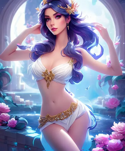 Prompt: , Full body , ((topless))portrait seduced beautiful Alice in game mlbb, godess, lie down in bath from cloud, bikini from blood, soaking wet hair, by terry o'neill intricate, elegant, highly detailed, digital painting, glistening skin, artstation, concept art, smooth, sharp focus, bright lighting, illustration, art by artgerm and greg rutkowski and alphonse mucha, 8 k, lie down, , 36 c cup, watching sun set,.