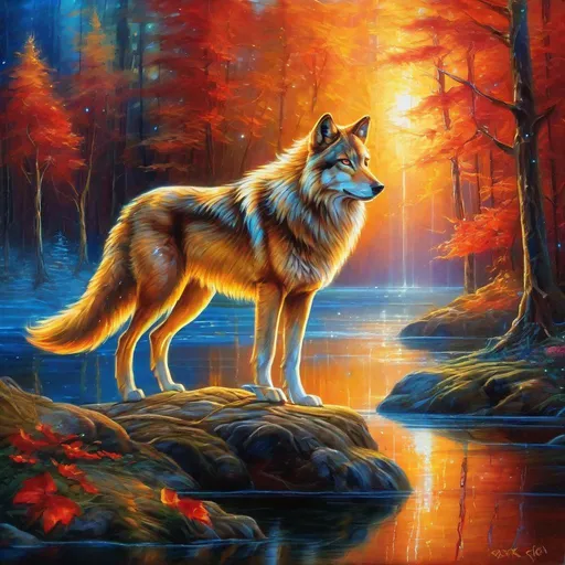 Prompt: Insanely beautiful (wolf) that is glowing, epic oil painting thick golden mane, on two legs, translucent, luminescent, illusion, glistening fiery mane, glows like the sun, flaming red eyes, majestic wolf face, energetic fox, in a enchanted woods near a lake, fantasy, magical, sunrise, beneath the stars, crystal lake, waterfall, bioluminescent, highres, best quality, concept art, epic digital art, intricately detailed, cinematic, 8k eyes, highly detailed eyes, highly detailed, 64k, vibrant, UHD, professional