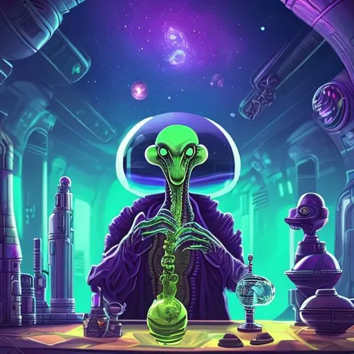 Prompt: widescreen, overhead lighting, alien smoking a crystal bong,  fancy table , in an exotic space cantina, stunning galaxy background