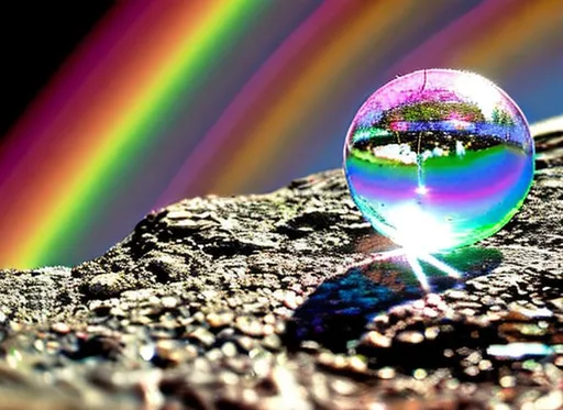 Prompt: tiny crystal orb sprouting rainbow light to the earth
