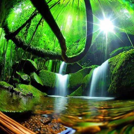 Prompt: nature 4k watrefall jungle, tea, crystal caves, hyper realistic, perfect lighting, fisheye vantage point, 4k, uhd 
