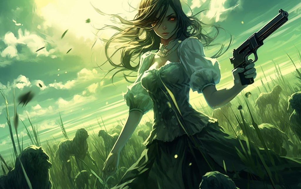 Prompt: anime girl holding a gun in a field of monsters, in the style of light navy and green, caravaggism, wimmelbilder, low bitrate