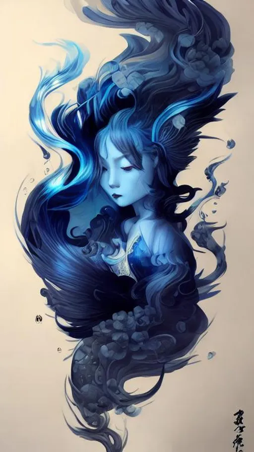 Prompt: intricate calligraphy smoke ink, yokai, fox portrait, kitsune, flowing robes, dripping midnight gradient blue and  silver metallic paint, water,  stylized fantasy art by WLOP, artgerm, peter mohrbacher,  ilya kuvshinov, peter mohrbacher and mamoru oshii,  trending on artstation