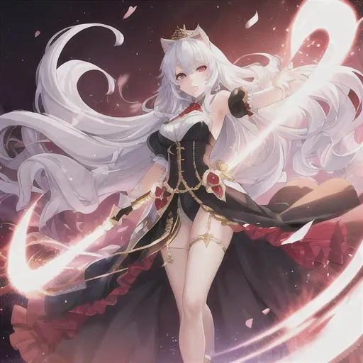 Prompt: young woman, queen, crown, slender, white hair, cat ears, red eyes, angry, full body, white flames

