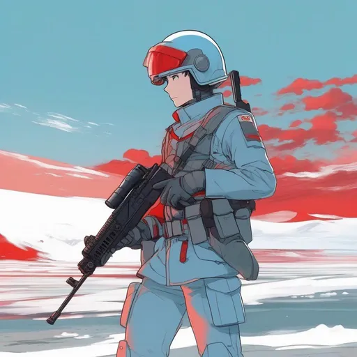 Prompt: From distance. Whole body. Full figure. A Swwdish scifi soldier in 20th century uniform. He wears a Swedish helmet on the head. Light Blue uniform. Red details. He wields a rifle. In background a winter sea. Anime art. Rpg. Anime style. Akira art. 2d art. 2d. Well draw face. Detailed. Whole figure. Full body. 