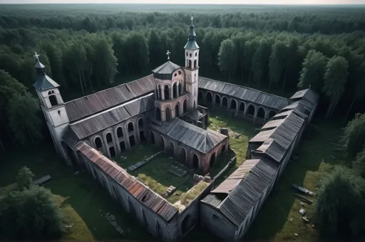 Prompt: Ruins of a huge slavic cloister including a yard a church and several buildings, surrounded by forest, dark and eerie, entire structure, birdview, immersive world-building, high quality, detailed, epic scale, fantasy, game style, ghostly atmosphere, nightfall