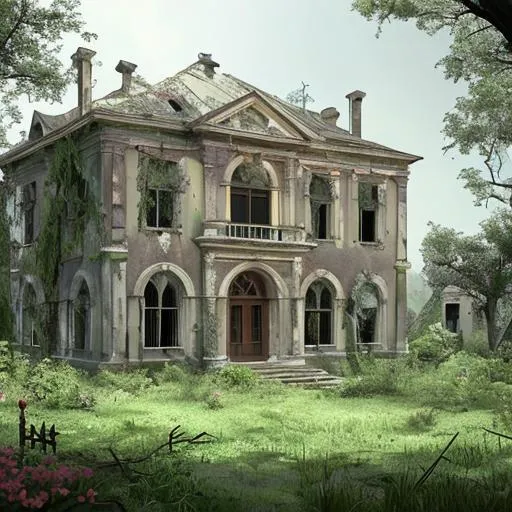 Prompt: Abandoned villa, exterior, ruined gates, broken windows, three floor, attic, sloop roof, slim towers, trees, bushes, weeds