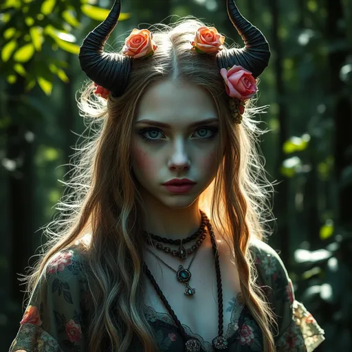 Prompt: photorealistic, (gorgeous young boho cottagecore demonic woman) with ethereal features, vibrant bohemian clothing adorned with floral patterns, a mystical aura, deep forest background, soft dappled sunlight filtering through leaves, conveying a whimsical yet slightly eerie mood, engaging expression, high contrast shadows, ultra-detailed, HD quality, enchanting atmosphere.