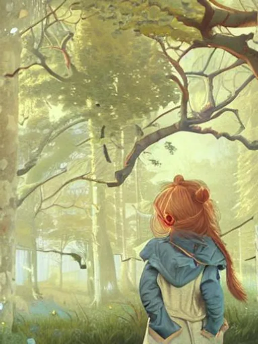 Prompt: in the style of James Jean, painting of girl on an adventure, breathtakingly realistic      