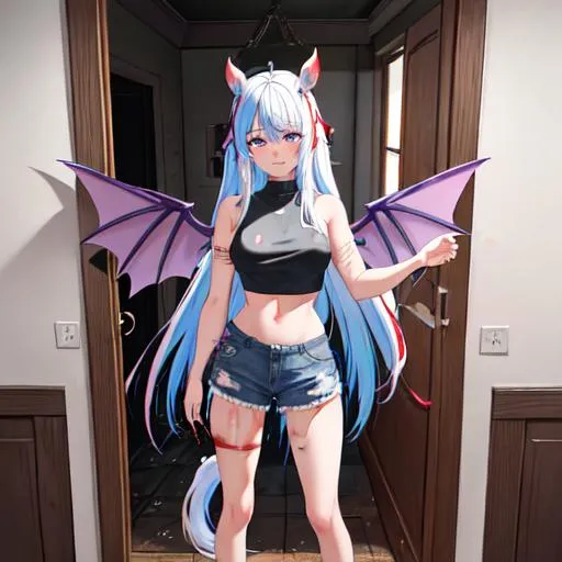 Prompt: Haley as a demon horse hybrid (multi-color hair) (multi-color eyes)(she has horse ears) (demon tail), (demon wings), standing in the doorway, leaning against the doorframe, wounded, covered in blood, crying, beaten up, cuts all over her body, blood all over her body, torn wings, wearing a crop top, and shorts
