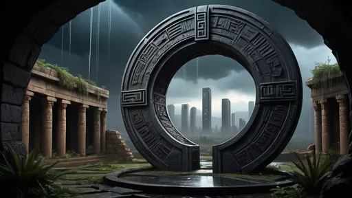 Prompt: magical portal between cities realms worlds kingdoms, circular portal, ring standing on edge, upright ring, freestanding ring, hieroglyphs on ring, complete ring, ancient babylonian architecture, gardens, ruins, turned sideways view, futuristic cyberpunk tech-noir setting, dark night, rain, stormy sky