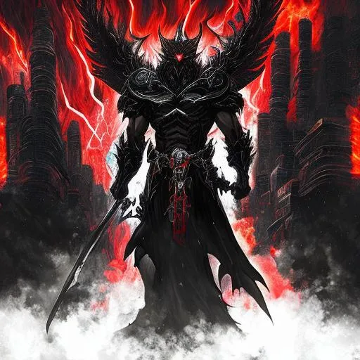 Prompt: (mega detailed) (4x+anime) Dark demon god standing, 100 feet tall, (black and red armor) (Black and red lightning blot imprint) black and red lightning skies. large sword in his hand, burning city behind