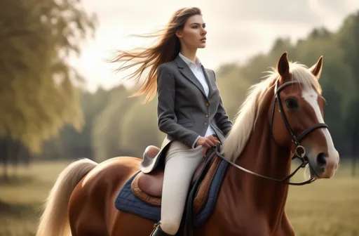 Prompt: Tall young woman riding on a horse, detailed clothing, realistic, natural lighting