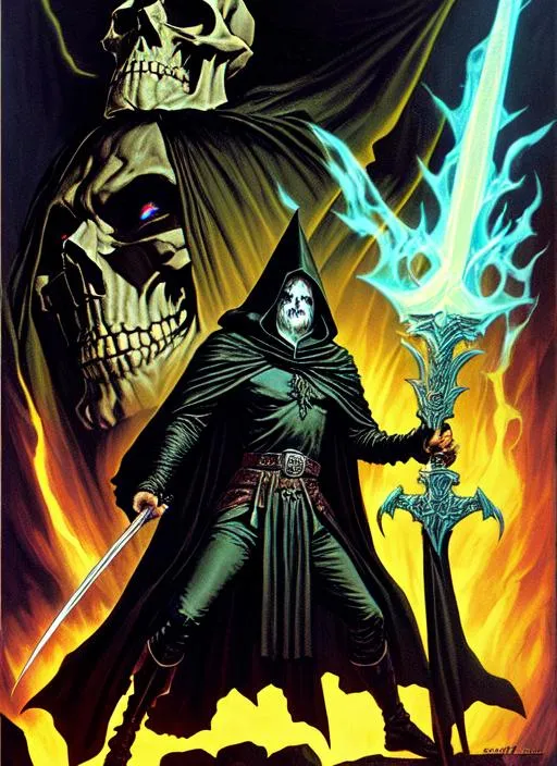 Prompt: dark wizard with a skull for a head holding a black sword, black feather cloak, character, d&d, cave, 4k, Clyde Caldwell, Jeff Easley