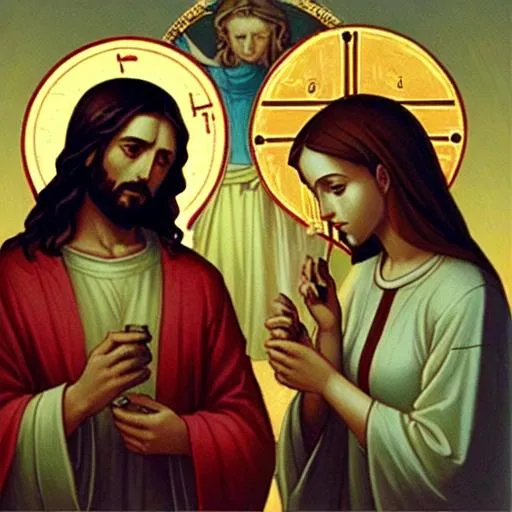 Prompt: Jesus in renesance smoking weed with Maria holy icon