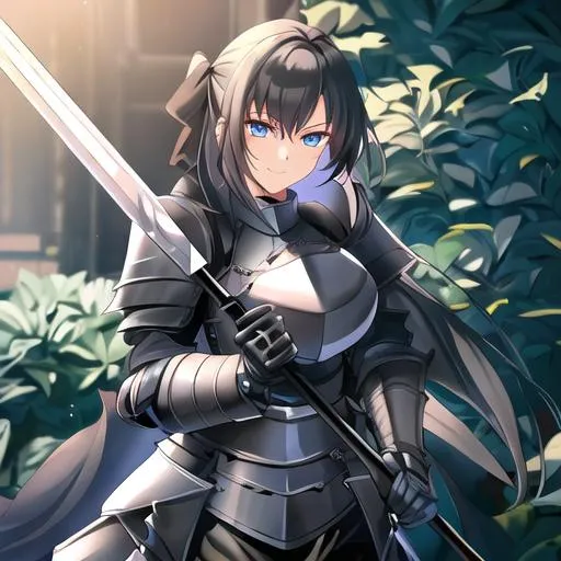 Prompt: A female knight, wielding a pole and wearing plate armor.
The knight has dark black hair, blue eyes, and a toothy grin.
The plate armor covers her entire chest, and is large, heavy, silver, metal, protective, and has sharp angles.