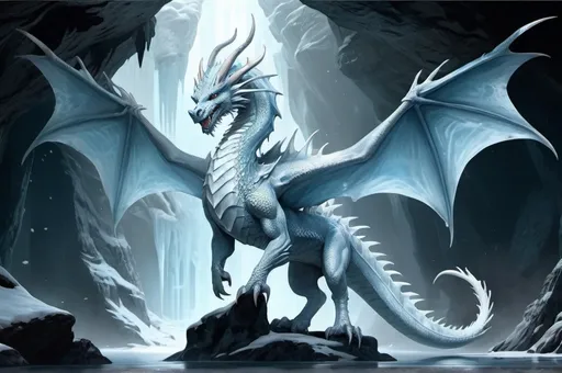 Prompt: Full body, Fantasy illustration of an ice dragon, white and light blue scales wapiti antlers, majestic appearance, mystical atmosphere, intense, detailed, game-rpg style, dim lighting, fantasy, detailed character design, atmospheric, otherwordly ambiance, in a snow covered mountain landscape, cenote