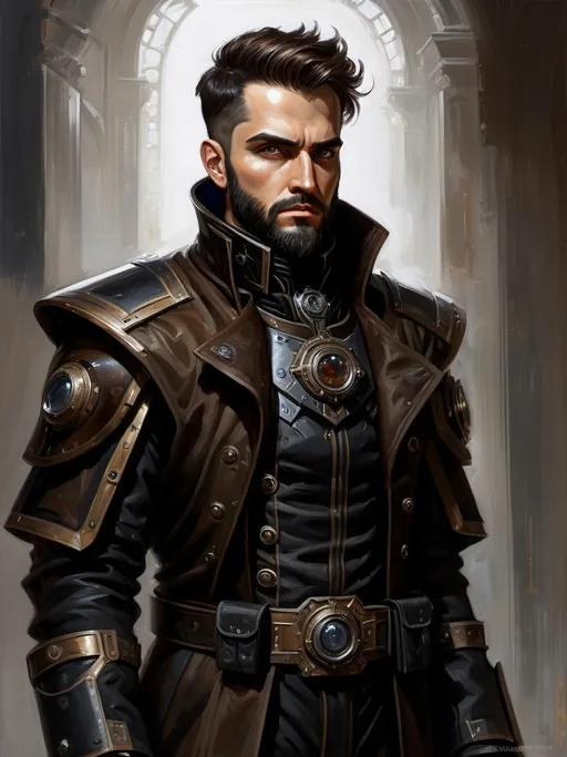 Prompt: full-body oil painting of male warhammer 40k sanctioned psyker, brown eyes, short dark brown crew cut, dark brown styled full beard, forehead worry lines, dark tones, (wh40k), dark black gunmetal technical augmented armor gear color, fierce dour expression, confident epic standing pose, highly detailed facial features, highly detailed eyes, painted, painting, illustration, art, drawing, sketch, (sanctioned psyker), utility pouches attached to belt, (black) overcoat trench coat with technical gauntlets and epaulets, technical psyker breastplate, high gothic fantasy, imperium of man, 19th century impressionism brushwork, under-lit up-lit face, ((visible piercing eyes)), black gloves, 19th century impressionist brushwork, painterly, 