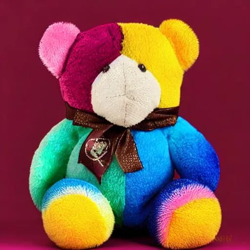 Prompt: 
rainbow teddy bear holding chocolate