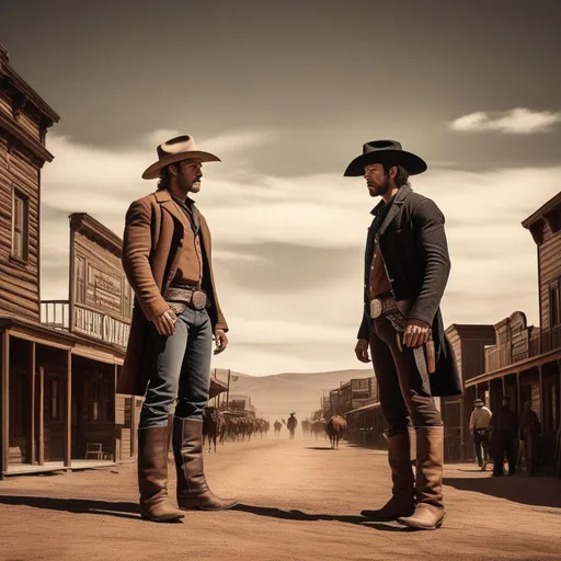 Prompt: Two cowboys standing off against each other in the middle of a western town