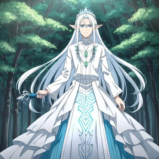 Prompt: A {young beautiful elf boy with long white hair, soft jawline, 2 pointed ears, dreamy clear blue eyes}, intricate colored hair, soft lighting, detailed face, digital painting, looking into camera, full body, beautiful with many layers white clothes, fairy forest background, royal crown on the head, wearing complicated pattern necklace, one hand holding sceptre #MY-BOY# MAN 