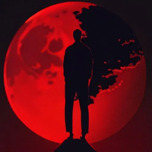 Prompt: photo of a man drawned on a red moon at night