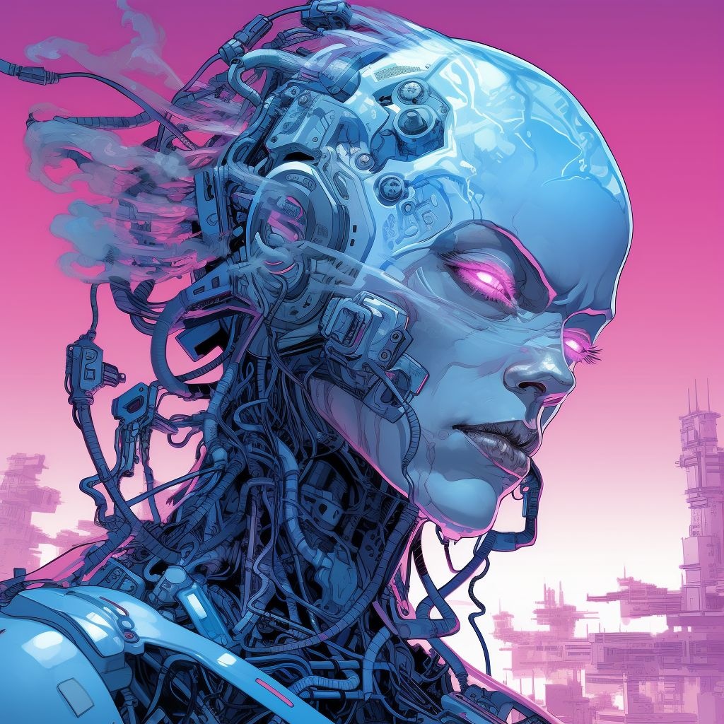 Prompt: an image of a head with robotic arms and a blue color, in the style of emphasis on facial expression, technological marvels, light silver and pink, martin ansin, precisionism, android jones, techno shamanism