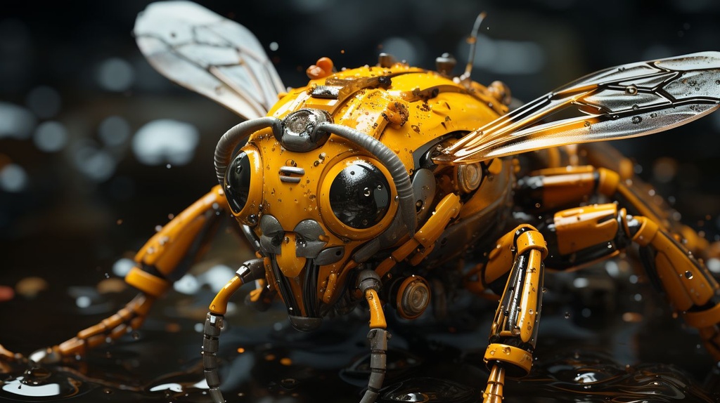 Prompt: bubbles emerge from the vector whirpool, in the style of cyberpunk realism, black and yellow vibes, zbrush, argus c3, made of insects, industrial machinery aesthetics, shiny eyes, high definition