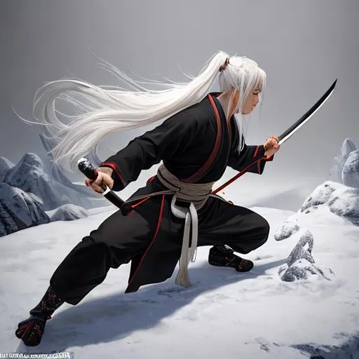 Prompt: full-body oil painting of an old master performing kenjutsu with a katana, with long white hair, wears hide clothing, stands upon a tundra, UHD, hd, 8k, Very detailed, style of Antoni Tudisco, Beeple, Jinhwa Jang, panned out view of character, zoomed out view of whole character's body is visible, character is centered, whole character in view, whole character is seen